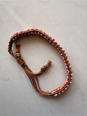 Brown & Pink Coral Beaded Wrap Cord Bracelet Adjustable Tie Closure Brass